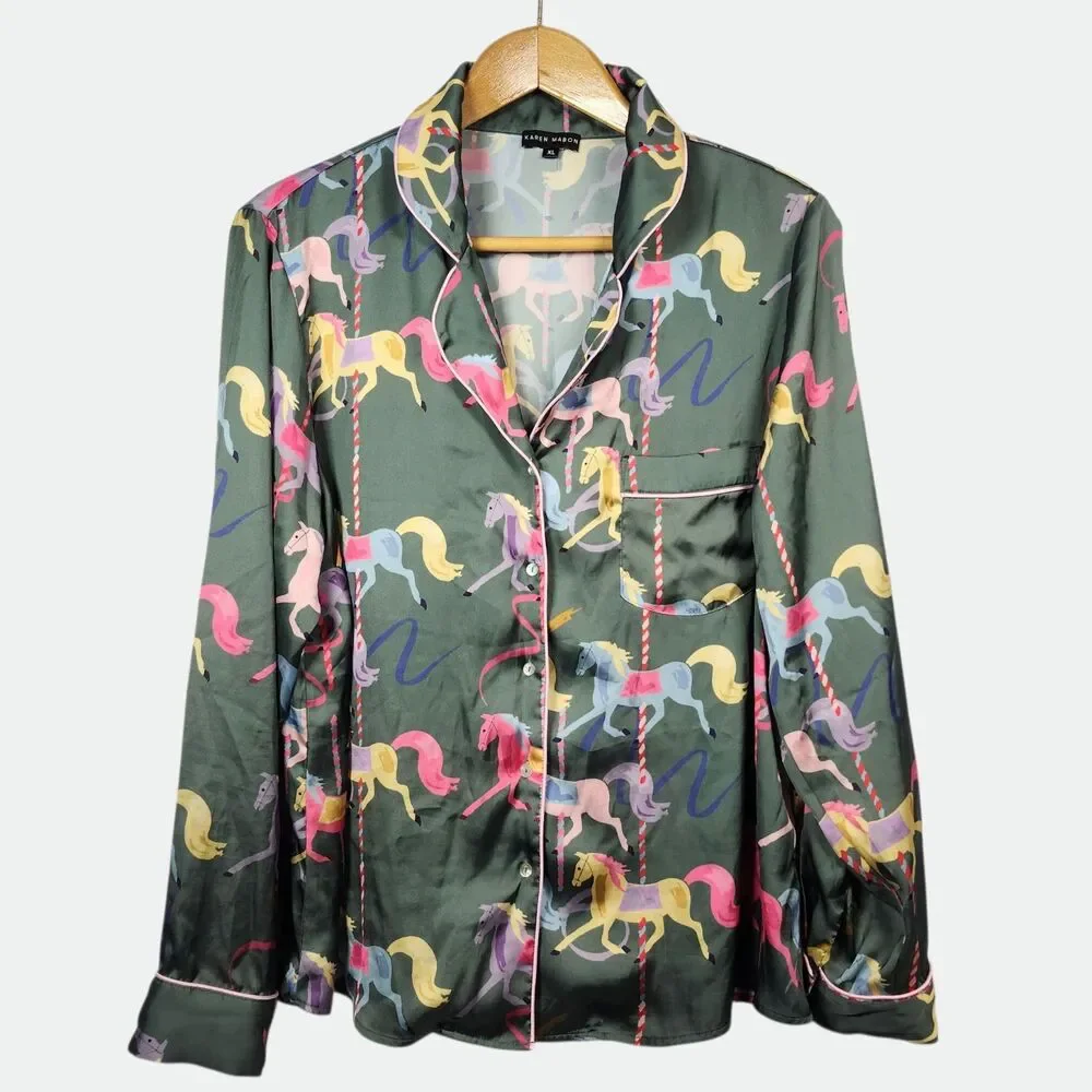 Karen Mabon Whimsical CAROUSEL Satin Pajama Shirt Women's Size XLARGE Green RARE